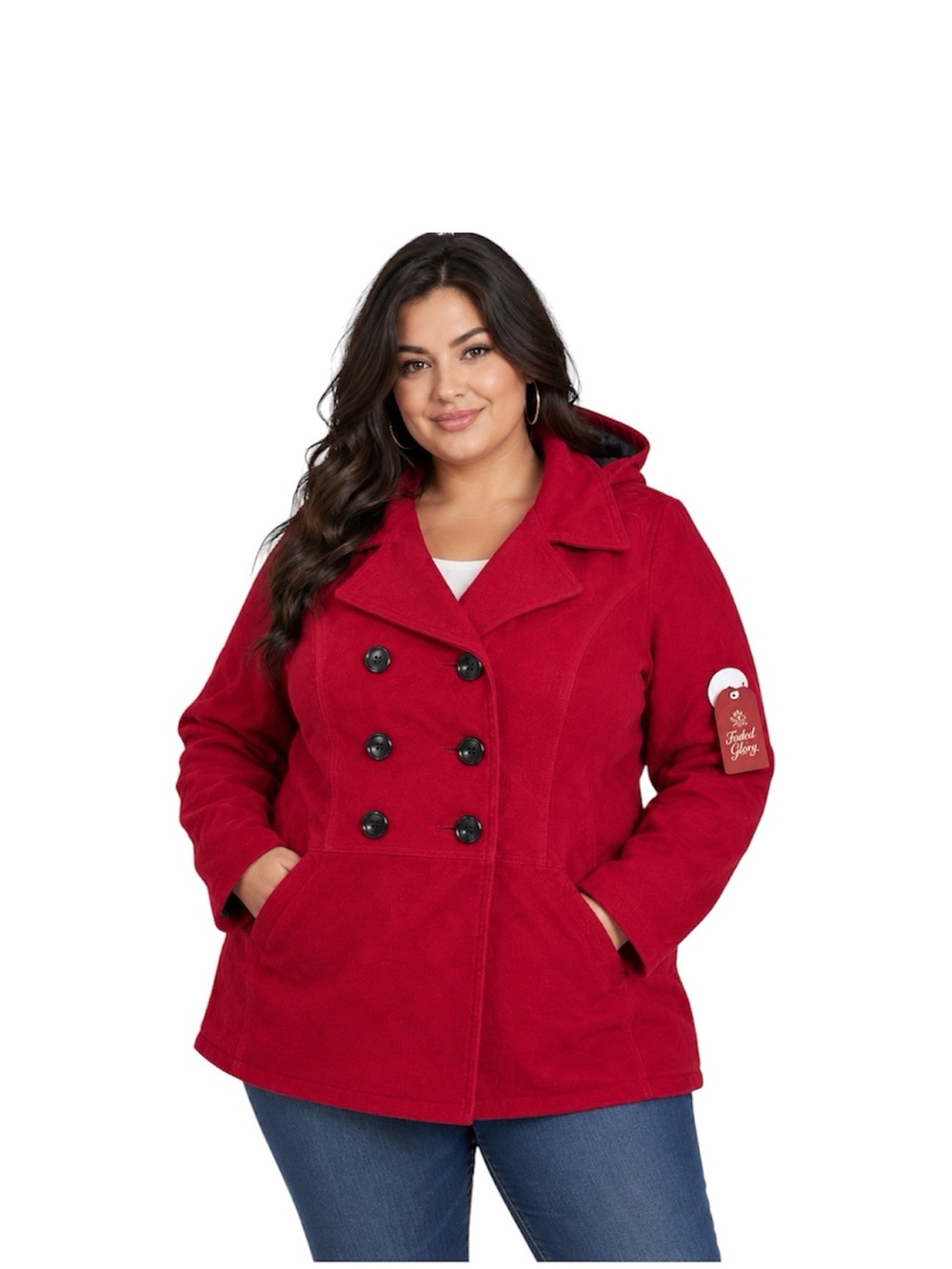 Faded Glory Women’s Crimson Double-Breasted Hooded Pea Coat size Large New